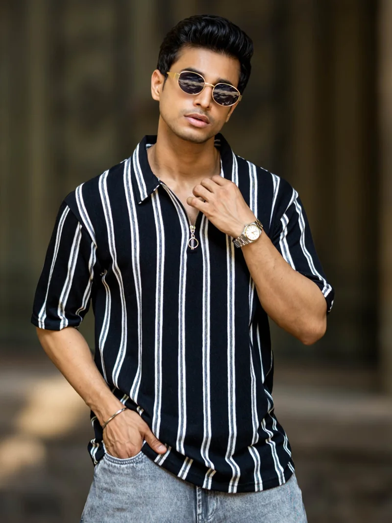 Maniac Maniac Mens Striped Polo Neck 3/4th Sleeve Dark Black Half Zipper Cotton T-Shirt